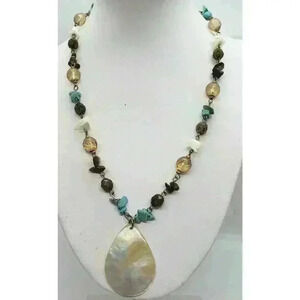Necklace Multi Gemstone Mother Of Pearl Pendant Turquoise Tigers Eye Quartz